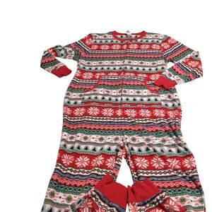 Christmas Snowflake Fair Isle‎ Fleece Footed Pajamas One Piece Jumpsuit Womens L